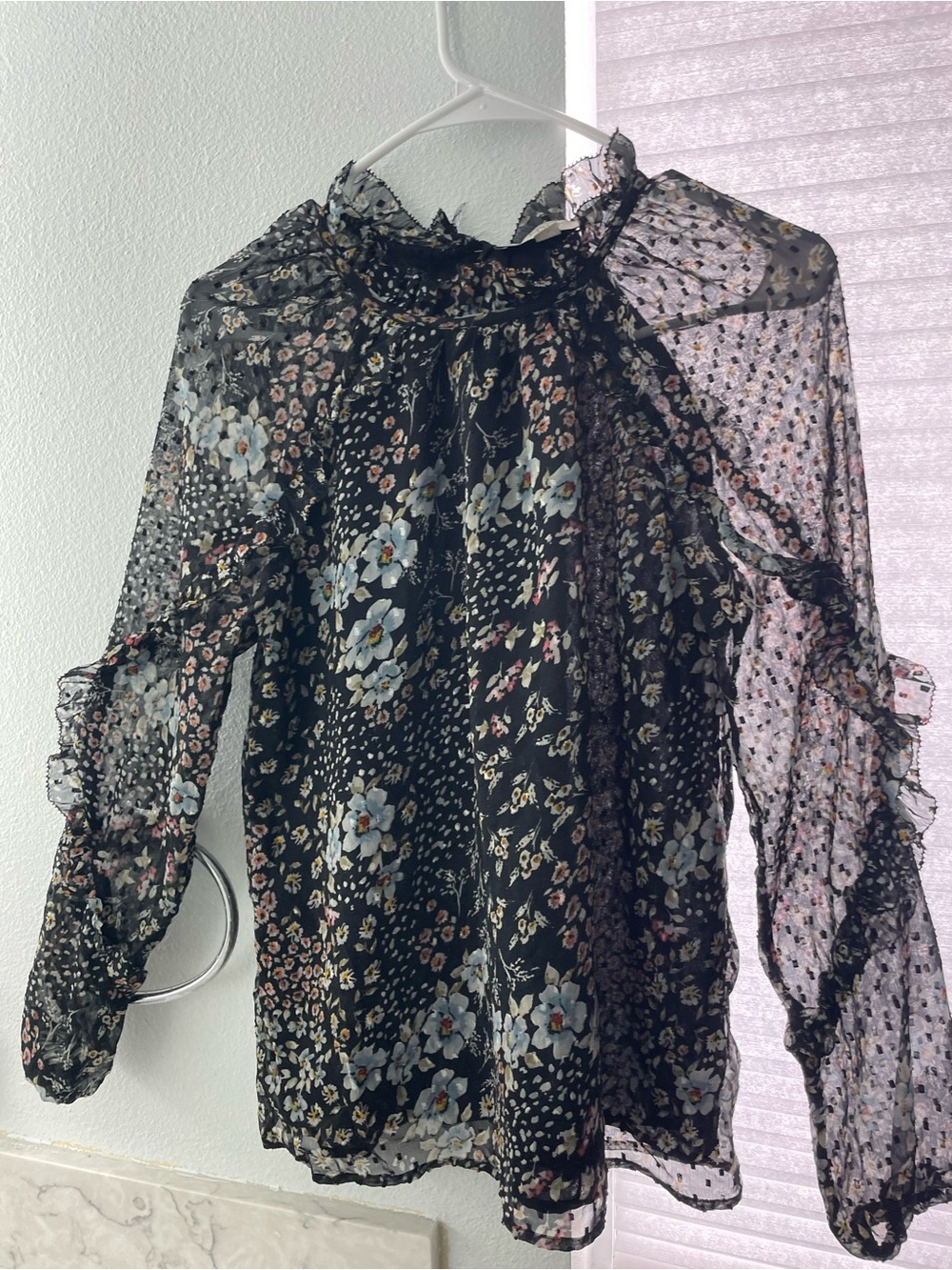 LOFT Black Sheer Floral Ruffle-Neck Blouse